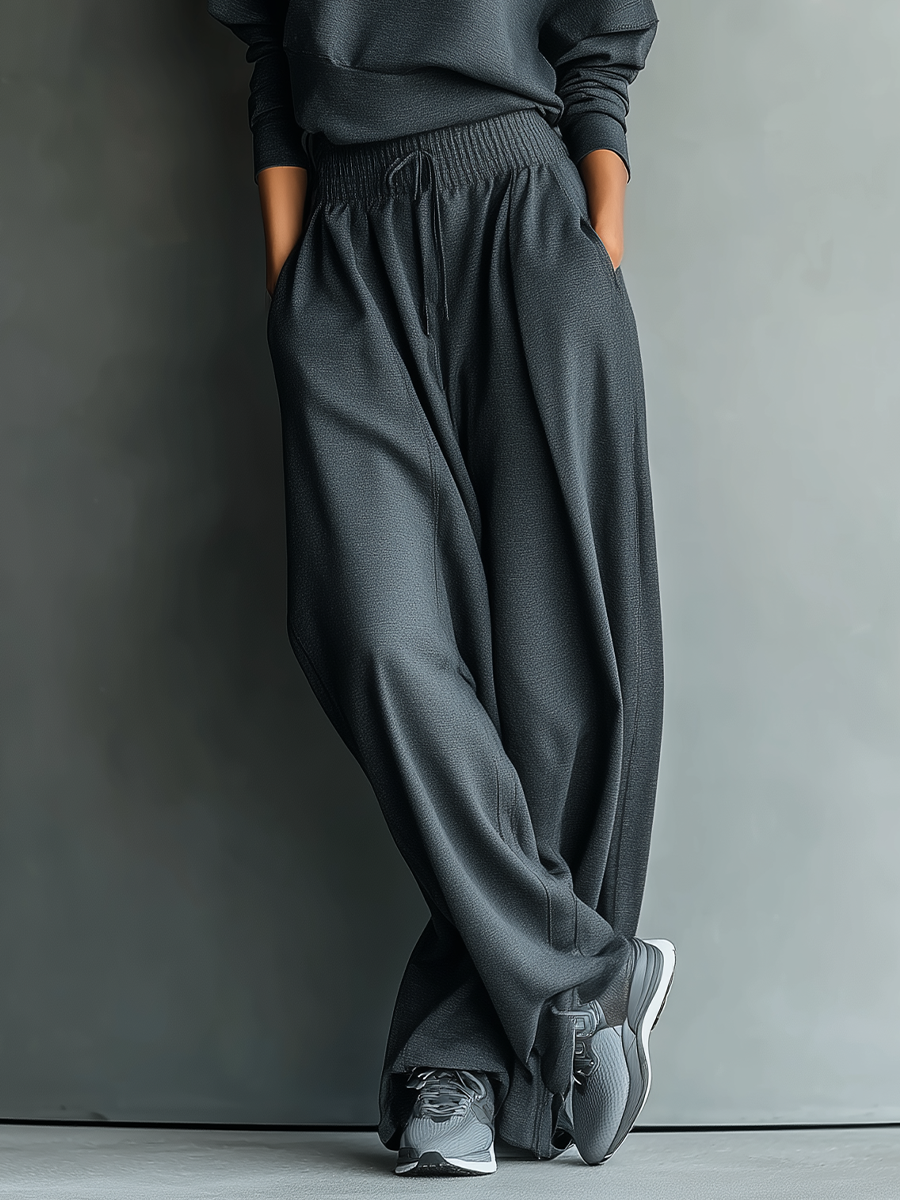 Luxurious Oversized Turtleneck Knitwear Fabric Charcoal Palazzo Wide-Leg Pants Set