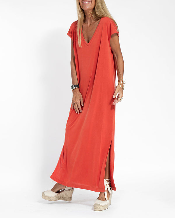 Couture-Inspired V-Neck Side-Slit Ultra-Soft Jersey Season-Long Coral Maxi Dress