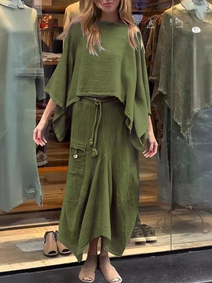 Premium Fashion Solid Color Top and Skirt Set – Casual Round Neck Two-Piece Outfit