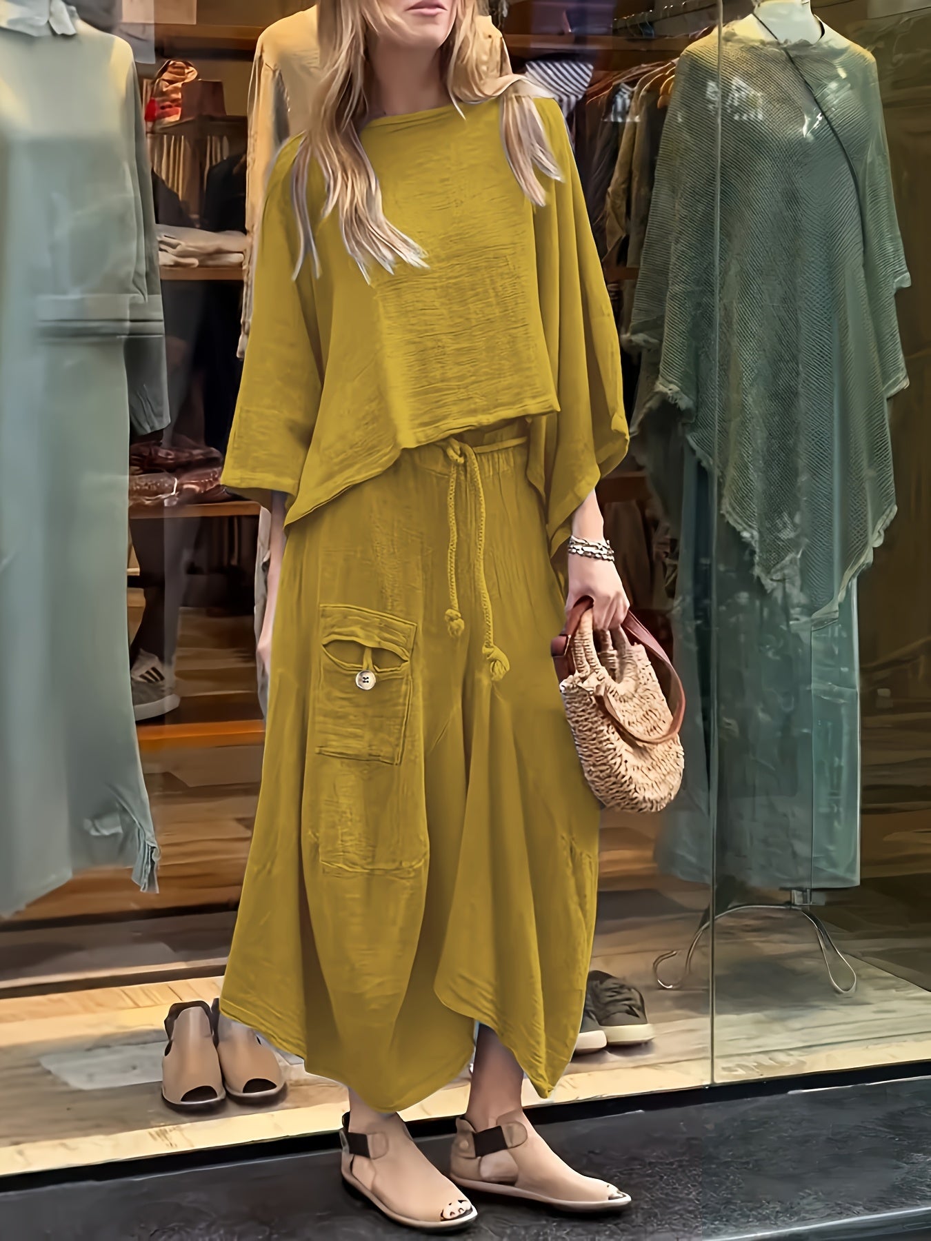 Premium Fashion Solid Color Top and Skirt Set – Casual Round Neck Two-Piece Outfit