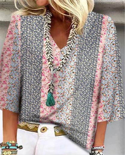 Women's Floral Patchwork V-Neck Top with 3/4 Sleeves and Versatile Style