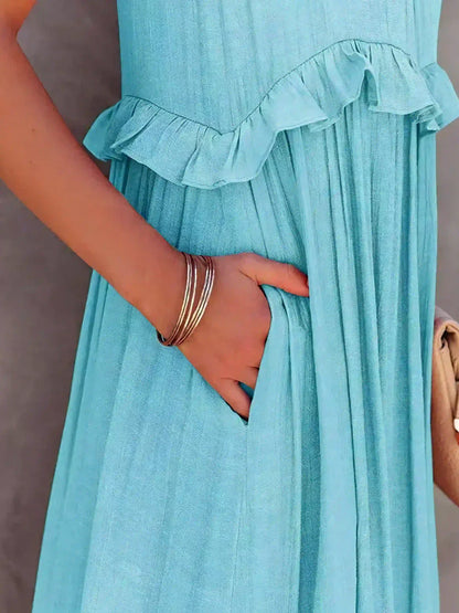 Women's Sleeveless Dress with Ruffles and Flowy Design