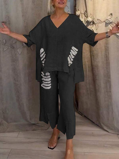 Valerie | Casual 2-Piece Set with V-Neck Top and Cropped Trousers