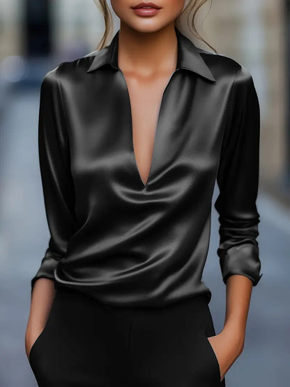 Women's V-Neck Blouse with Satin Finish and Elegant Design