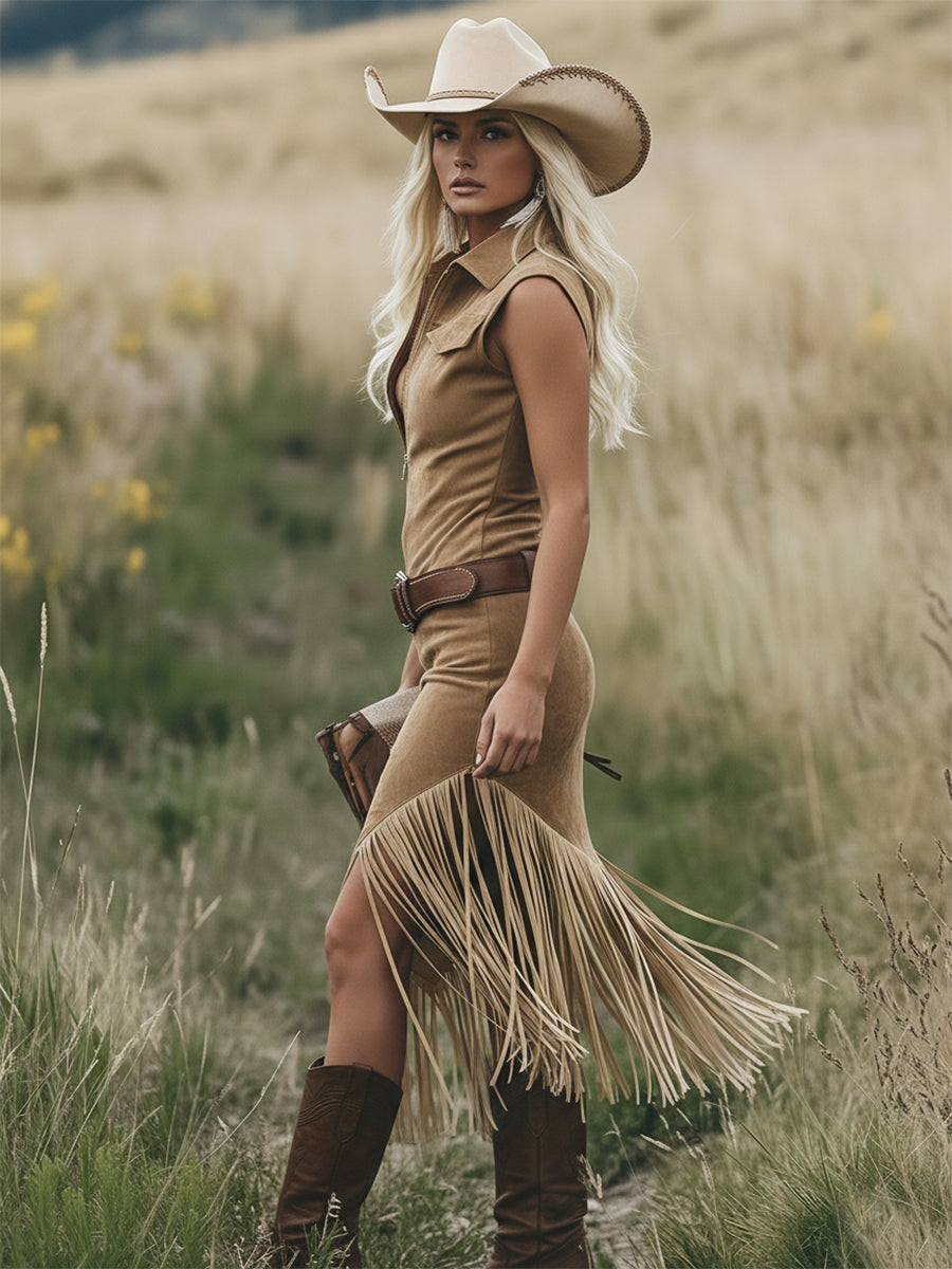 Luxurious Sleeveless Deep Chestnut Suede Tassel Belt Midi Dress