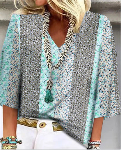 Women's Floral Patchwork V-Neck Top with 3/4 Sleeves and Versatile Style