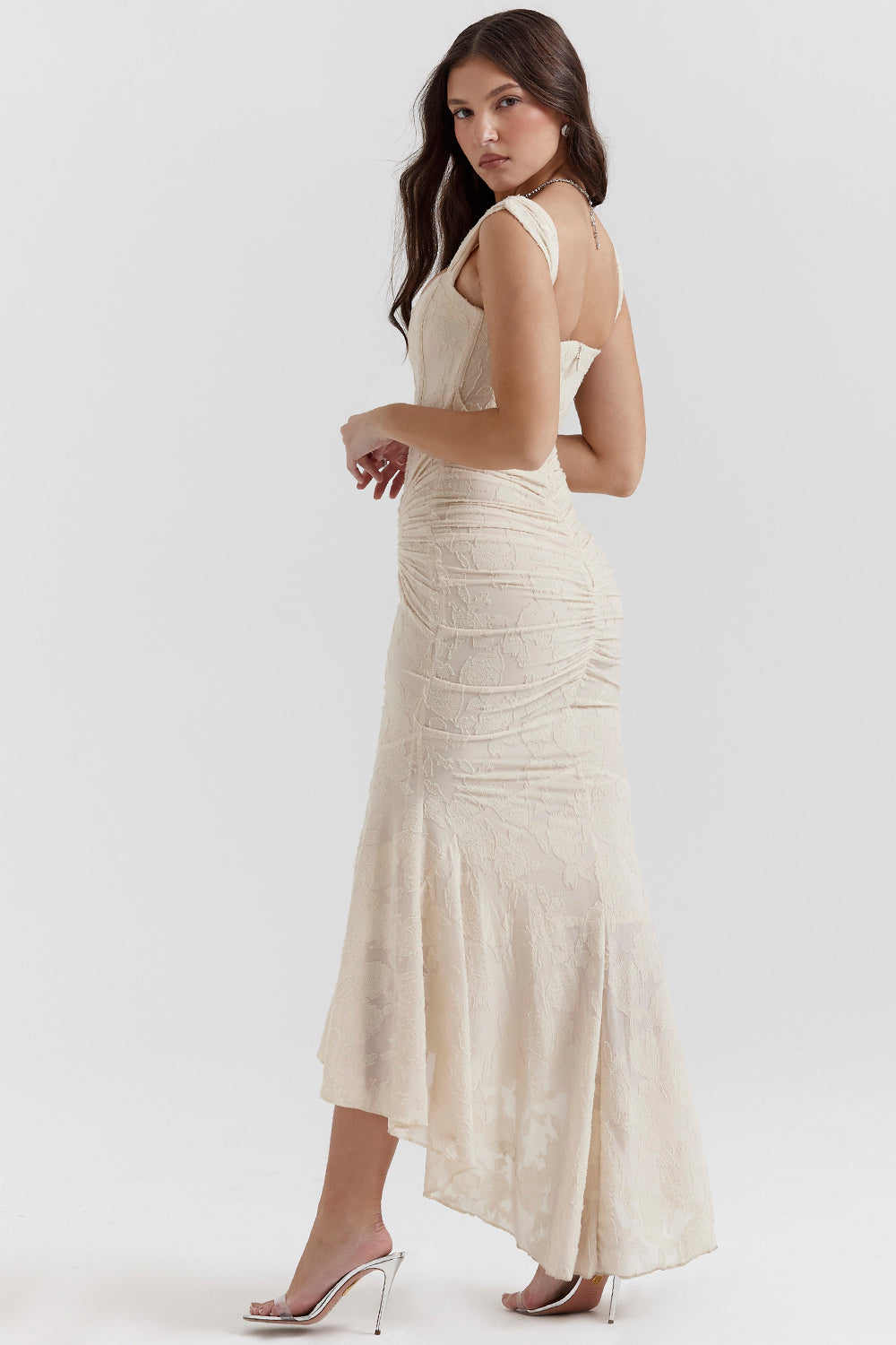 Luxuriously Exquisitely Ruched Lace Contoured Silhouette All-Night Bodycon Dress