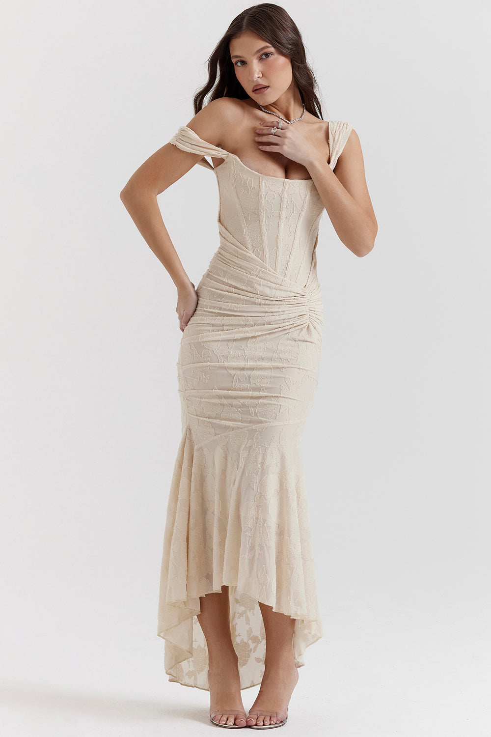 Luxuriously Exquisitely Ruched Lace Contoured Silhouette All-Night Bodycon Dress