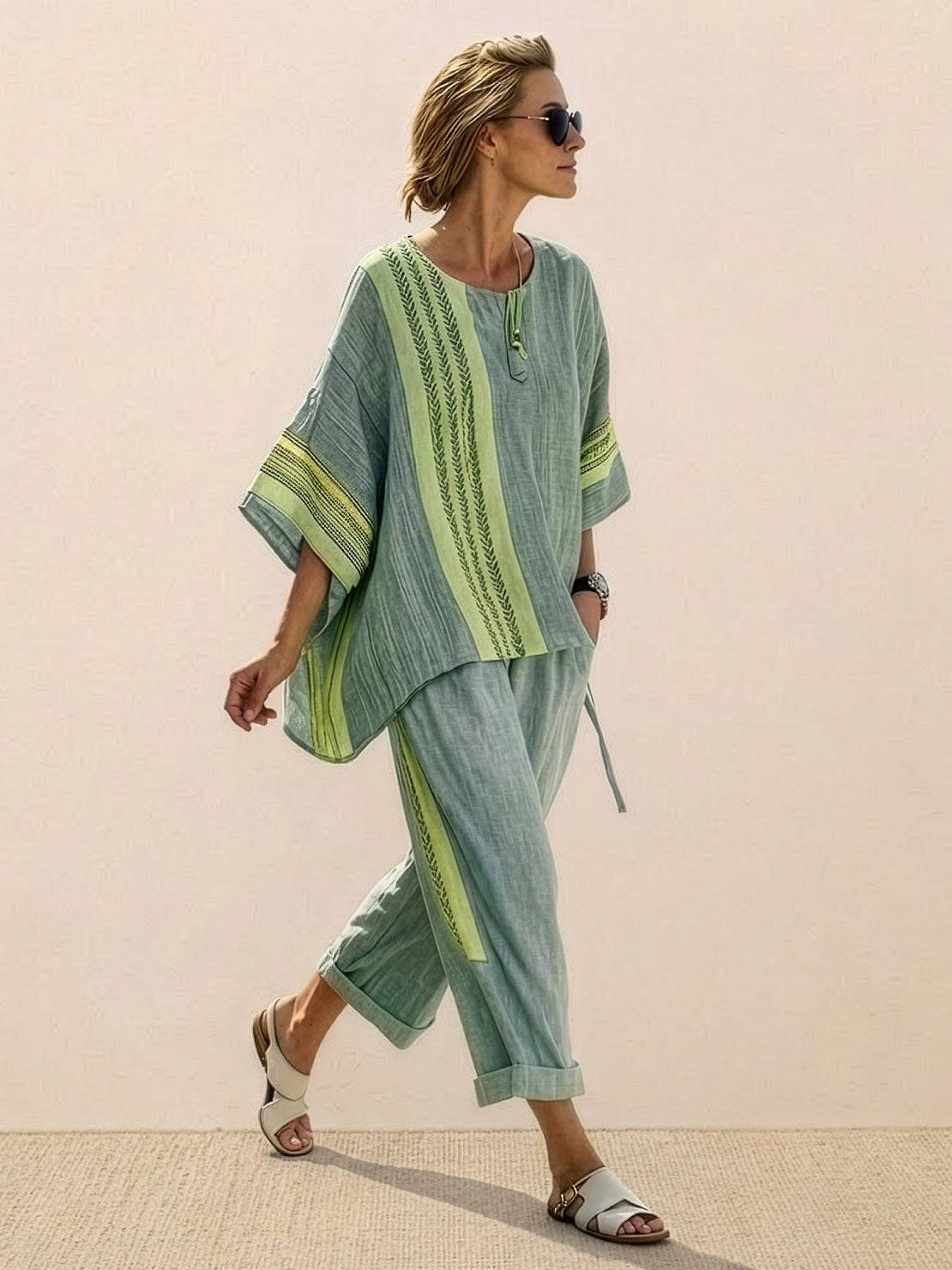 Wren | Striped Two-Piece Set with Wide-Leg Trousers and Tee
