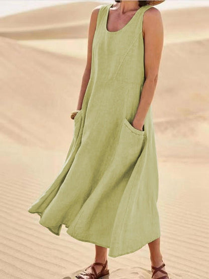 Effortless Elegant Sage Linen Sleeveless Maxi With Pockets Dress