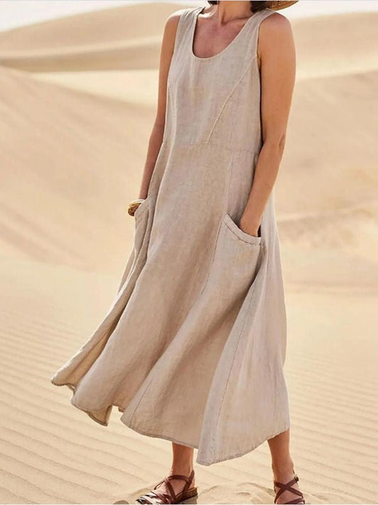 Effortless Elegant Sage Linen Sleeveless Maxi With Pockets Dress