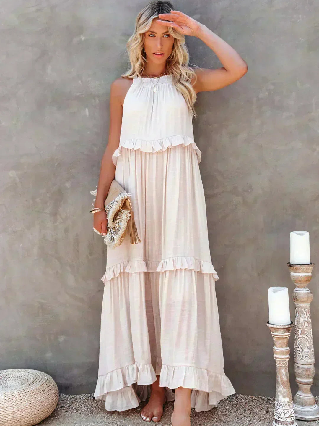 Women's Sleeveless Dress with Ruffles and Flowy Design