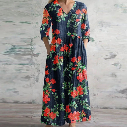 Women's Retro Maxi Dress with Flowing Design and Versatile Style