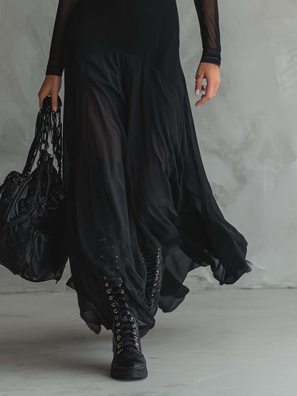 Enchanting Vintage Inspired Featherweight Fabric Delicate Sheer Sleeves Maxi Dress