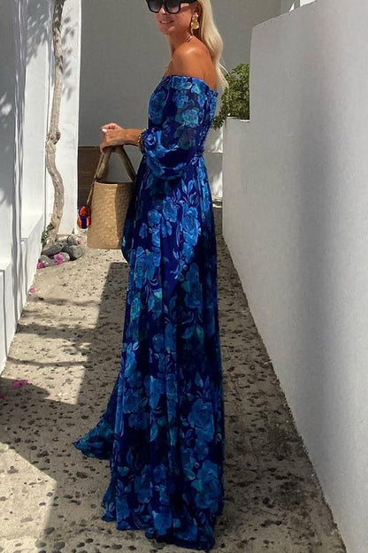 Romantic Off-Shoulder Floral Print Flowy Maxi Dress for Summer Evenings