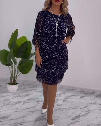 Women’s Polka Dot Chiffon Midi Dress – Navy White Tiered Elegant Three-Quarter Sleeve Dress