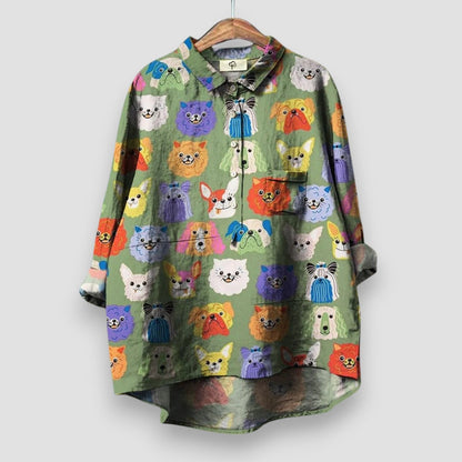 Women's Casual Shirt with Dog Print and Short Sleeves
