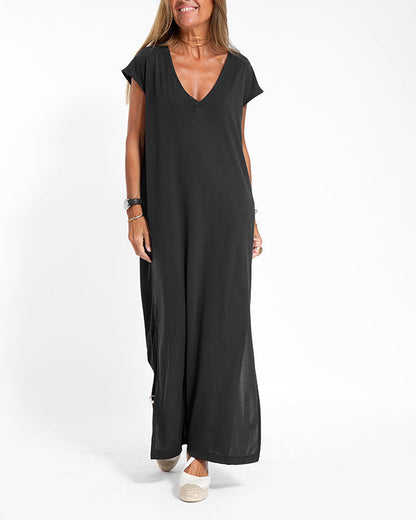 Couture-Inspired V-Neck Side-Slit Ultra-Soft Jersey Season-Long Coral Maxi Dress