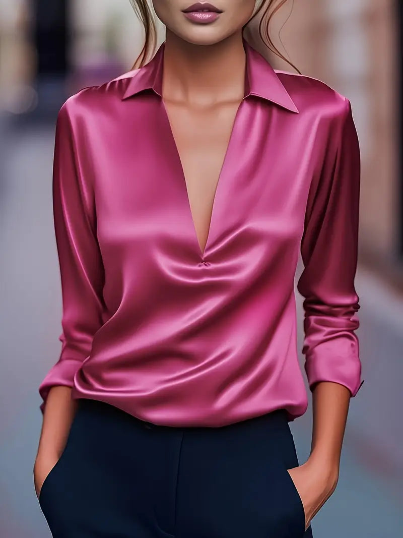 Women's V-Neck Blouse with Satin Finish and Elegant Design
