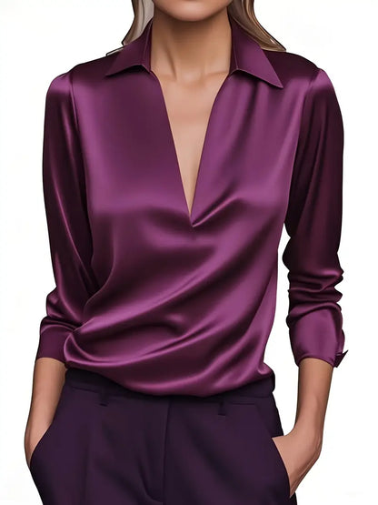 Women's V-Neck Blouse with Satin Finish and Elegant Design