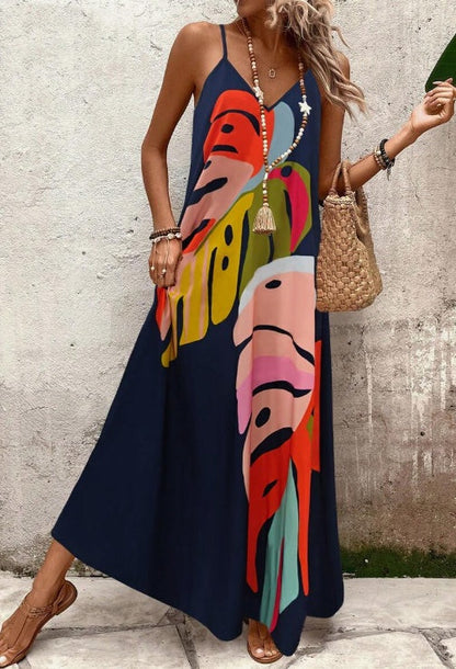 Women's Leaf Print Maxi Dress with Flowing Design and Adjustable Straps