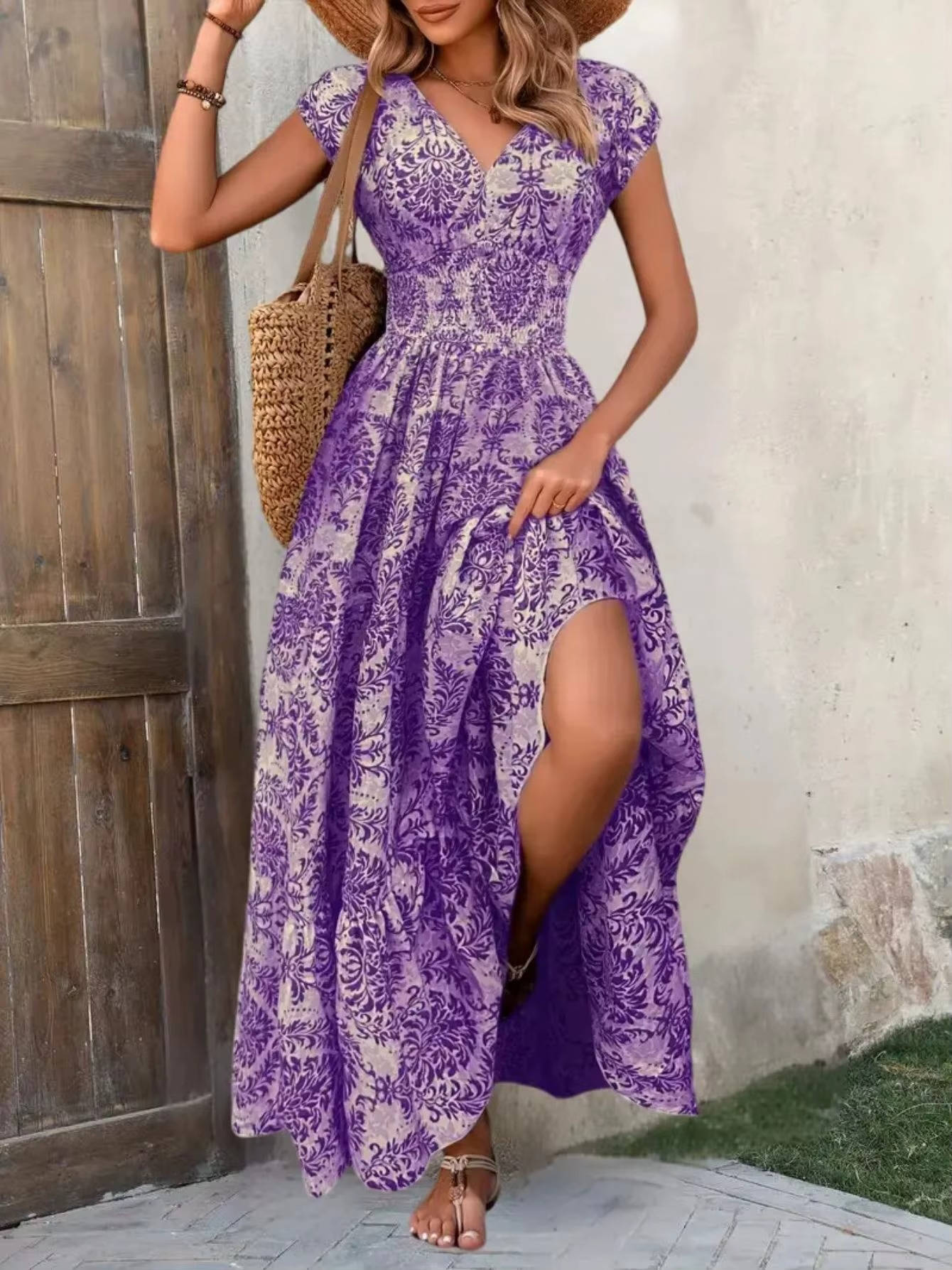 Women’s Bohemian Paisley Maxi Dress – Embellished Smocked Waist Tiered Dress