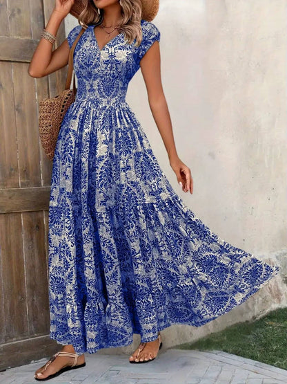 Women’s Bohemian Paisley Maxi Dress – Embellished Smocked Waist Tiered Dress