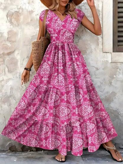 Women’s Bohemian Paisley Maxi Dress – Embellished Smocked Waist Tiered Dress