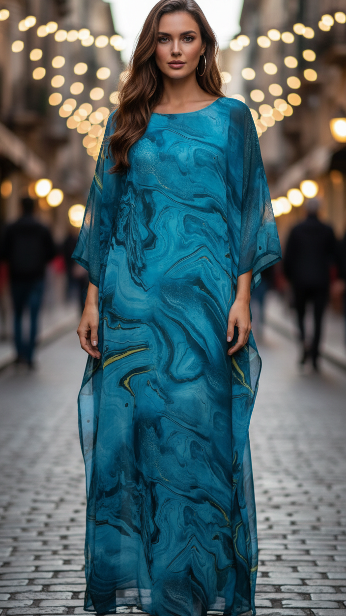 Women’s Golden Chiffon Kaftan Maxi Dress – Elegant Batwing Sleeve Evening Wear Dress