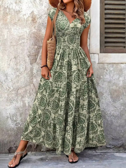 Women’s Bohemian Paisley Maxi Dress – Embellished Smocked Waist Tiered Dress