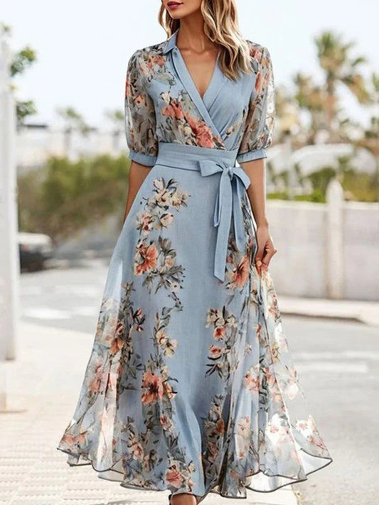 Women’s Floral Chiffon Midi Dress – Elegant V-Neck Flattering Silhouette Dress