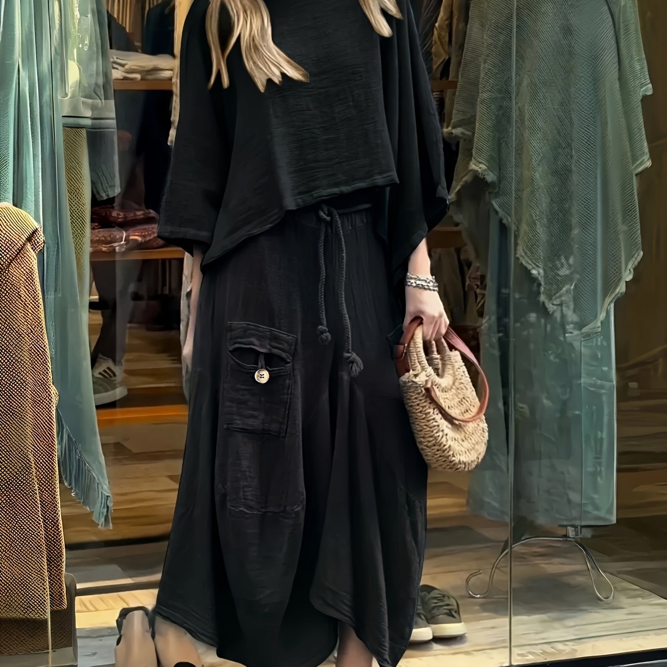 Premium Fashion Solid Color Top and Skirt Set – Casual Round Neck Two-Piece Outfit