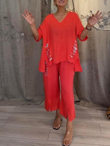 Valerie | Casual 2-Piece Set with V-Neck Top and Cropped Trousers