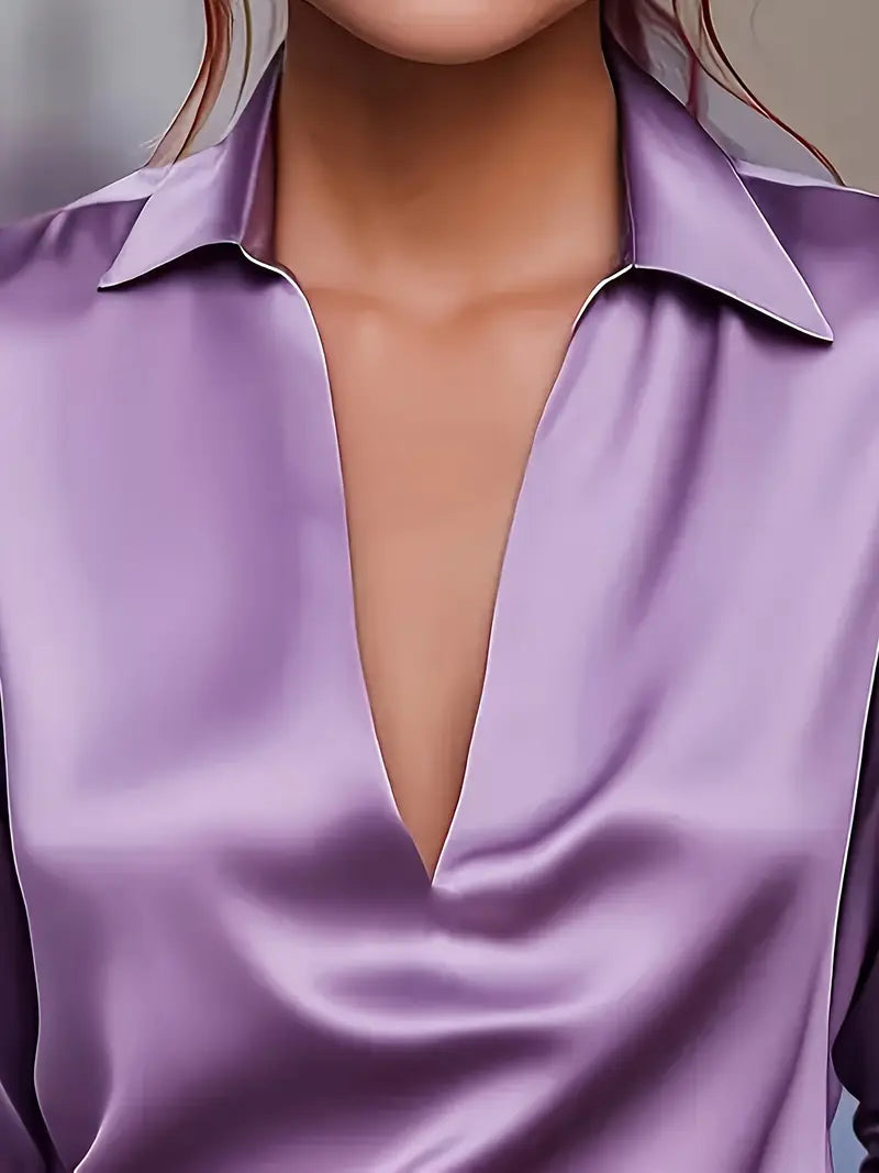 Women's V-Neck Blouse with Satin Finish and Elegant Design