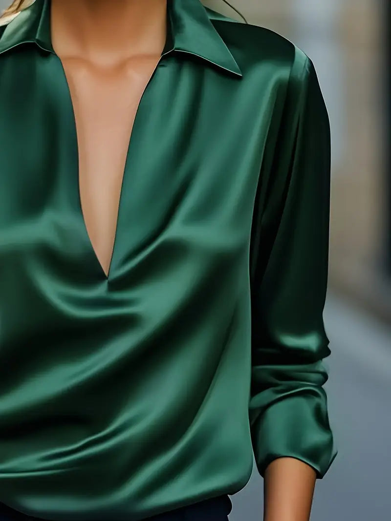 Women's V-Neck Blouse with Satin Finish and Elegant Design