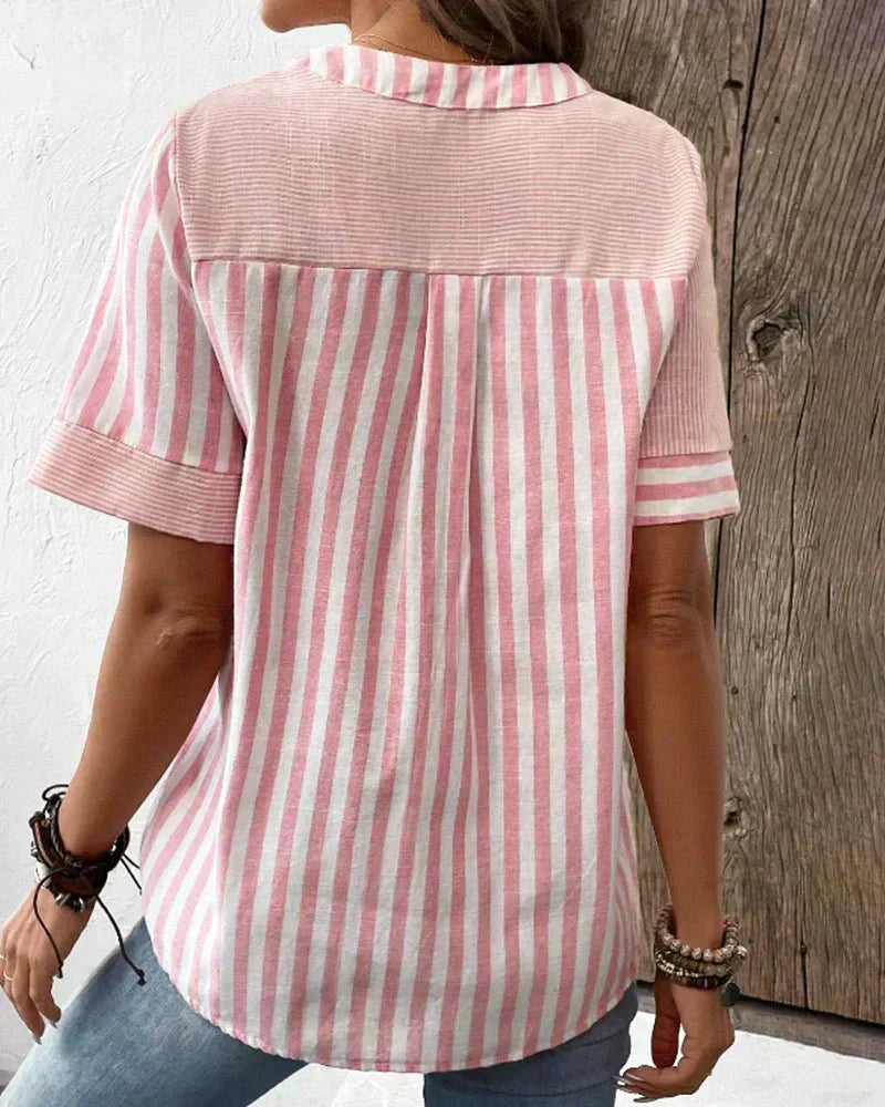 Women's Striped Blouse with Short Sleeves and Lightweight Fabric