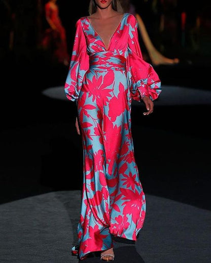 Women’s Botanical Print Satin Maxi Dress – Deep V-Neck Puff Sleeve Elegant Dress