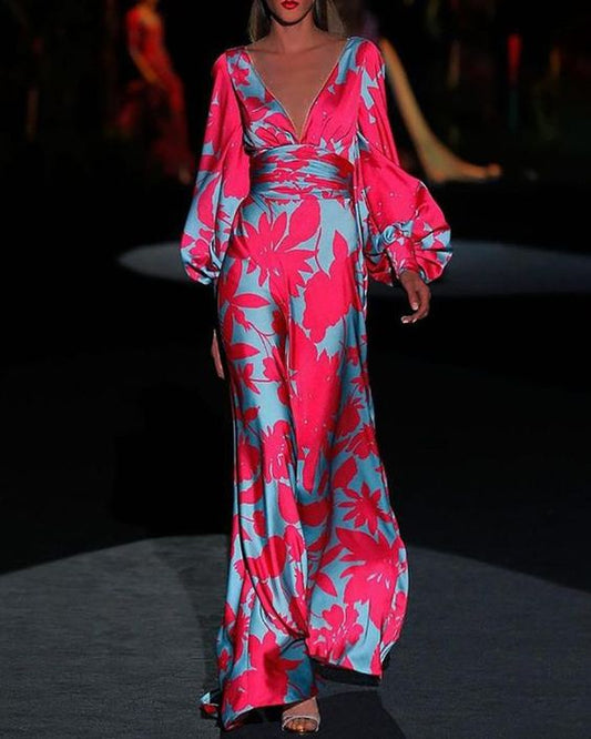 Women’s Botanical Print Satin Maxi Dress – Deep V-Neck Puff Sleeve Elegant Dress