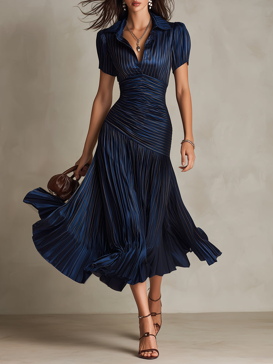 Glamorous Timeless Retro Striped Satin Pleated Silhouette Evening Luxe Midi Dress