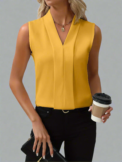 Women's V-Neck Sleeveless Blouse with Pleated Front and Lightweight Fabric