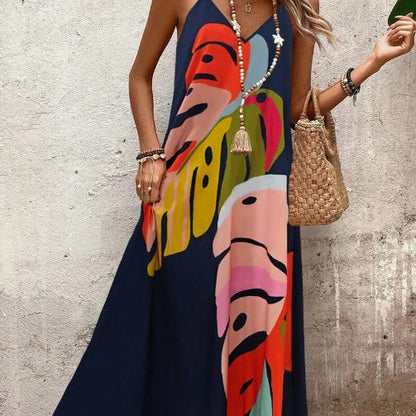 Vibrant Tropical Leaf Print Georgette Ultra Lightweight Flowing Silhouette Maxi Dress