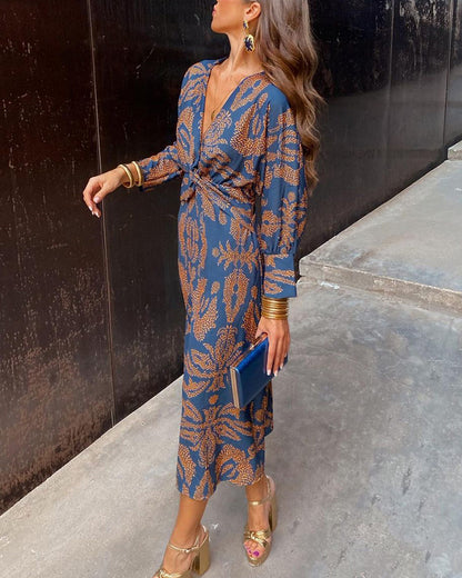 Elegant Floral Print Ruched V Neck A Line Dresses