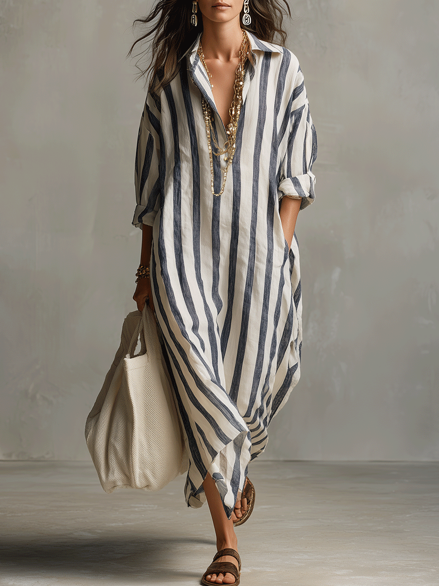 Bohemian-Chic Vertical Striped Patterned Stripe Elongating Silhouette Maxi Dress