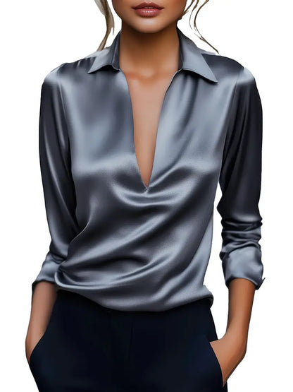 Women's V-Neck Blouse with Satin Finish and Elegant Design