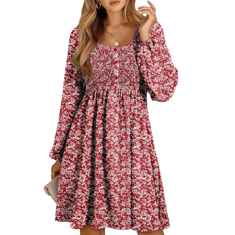 Autumn Smocked Empire Waist Long Sleeve Flowing Skirt Dress