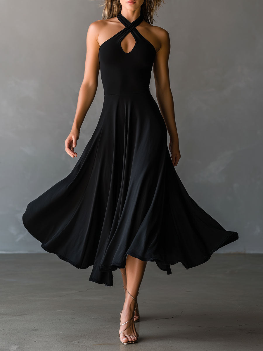 Glamorous Vintage Halter Neck Keyhole Back Black Satin Midi Dress