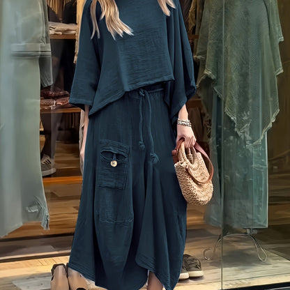 Premium Fashion Solid Color Top and Skirt Set – Casual Round Neck Two-Piece Outfit