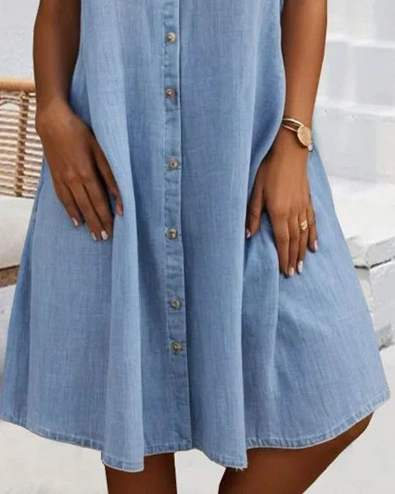 Women's Denim-Style Dress with Short Sleeves and Relaxed Fit