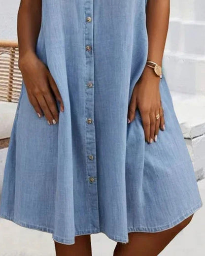 Women's Denim-Style Dress with Short Sleeves and Relaxed Fit