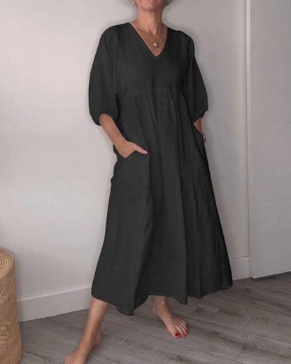 Effortless Flattering V-Neckline Lightweight Crepe Flowing Silhouette Maxi Dress